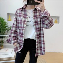 039 literary retro lapel plaid shirt autumn new womens Korean casual all-match plaid jacket women