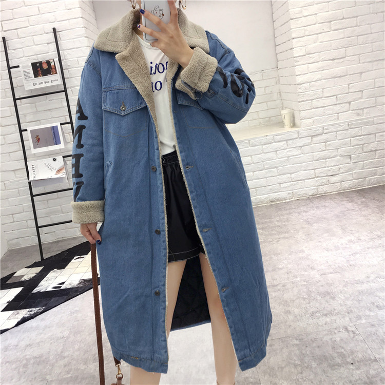 B-N43 chống mùa denim bông của phụ nữ Hàn Quốc thời trang da cừu khâu dài chần áo khoác áo khoác đẹp
