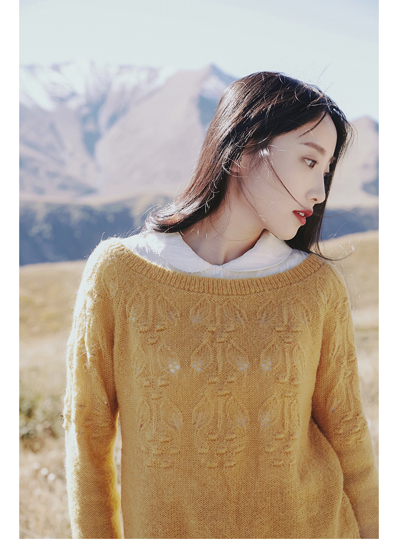 Không in, mùa thu và mùa đông, bột nghệ mới, bột màu tím, cổ tròn thấp, tay áo raglan, áo len, áo len, áo sơ mi, nữ MM033 ao len nu