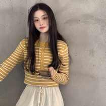Retro Stripe Academy style round collar inside knit sweater womens spring dress Korean foreign style students slim base shirt