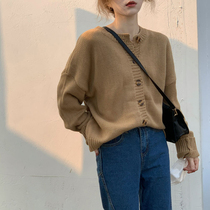 Retro loose lazy wearing knitted cardigan womens spring new Korean version of foreign style Joker slim soft waxy sweater coat