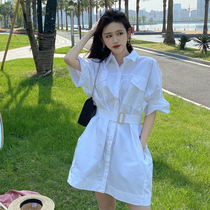 Temperament belt waist shirt dress female summer retro Polo collar loose thin foreign style tea break a short skirt