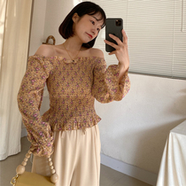 Sexy one-word collar floral wood ear strapless heart machine shirt female spring foreign-air short-end waist slim shirt