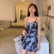 Korean sweet cool girl Summer little hot girl retro splashing ink print tie-dyed sling dress sexy hip skirt