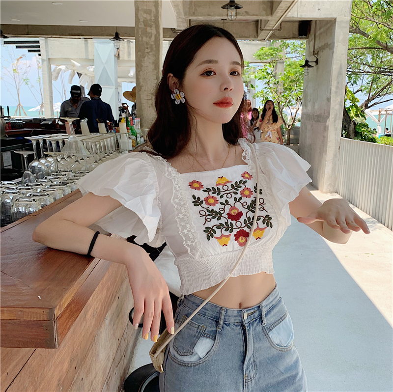 chic retro square collar embroidered heart machine lock bone blouses female summer new paragraph 100 lap up for short and open navel polo