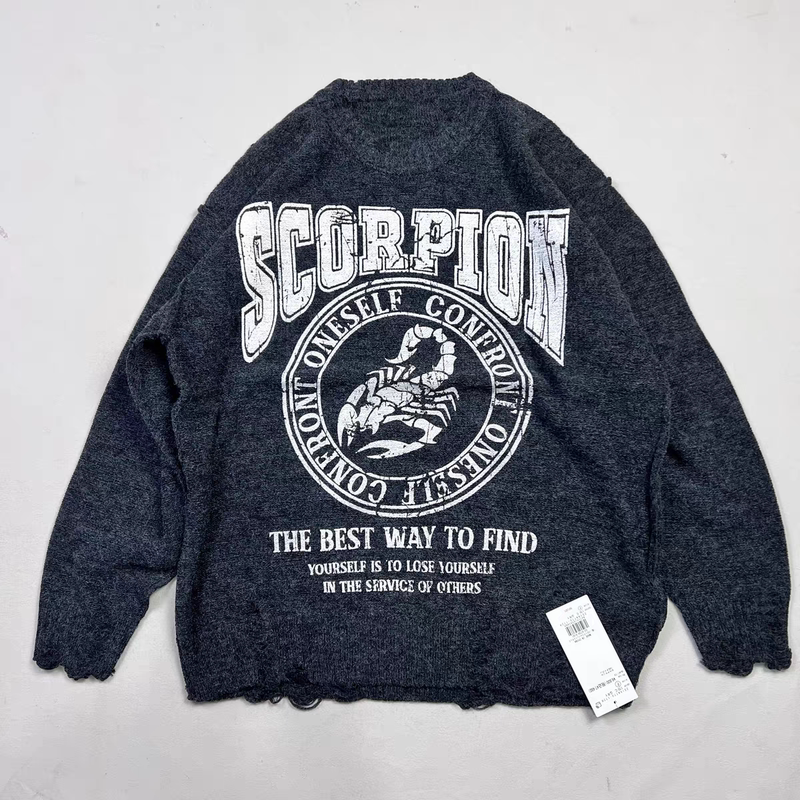 Men's Trendy Brand Autumn and Winter Round Neck Solid Color Pullover Distressed Vintage Sweater Loose Casual Versatile Warm
