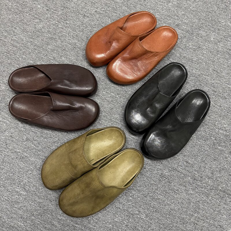 Factory Row-Style Heavy-Duty Washed Horse Leather Vintage Craft Lazy Birkenstock Mule Slippers Thick-Soled Genuine Leather Unisex