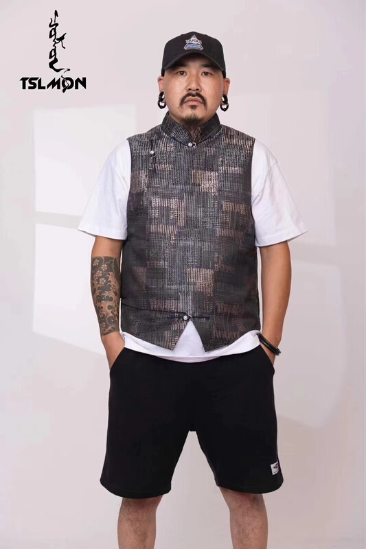 Mongolian Men's Vest with Stand-Up Collar, Ethnic Style Sleeveless Jacket