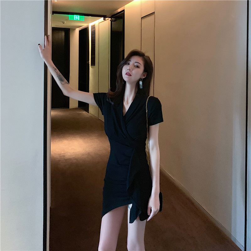 VK旗艦店 韓系不規則修身顯瘦荷葉邊短袖洋裝