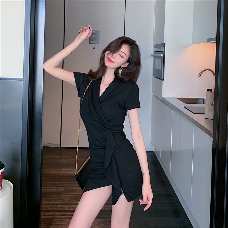 VK旗艦店 韓系不規則修身顯瘦荷葉邊短袖洋裝