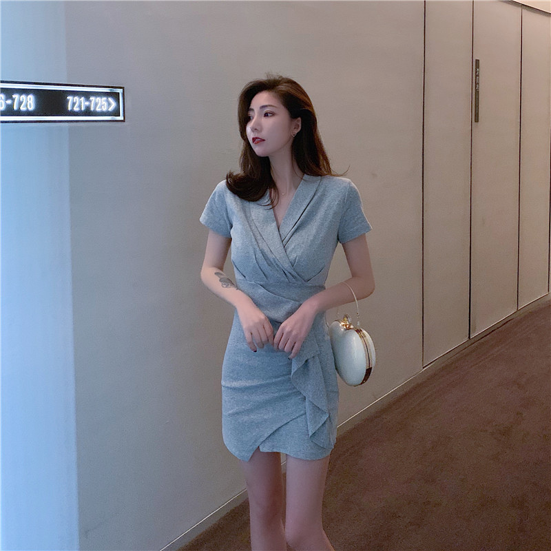 VK旗艦店 韓系不規則修身顯瘦荷葉邊短袖洋裝