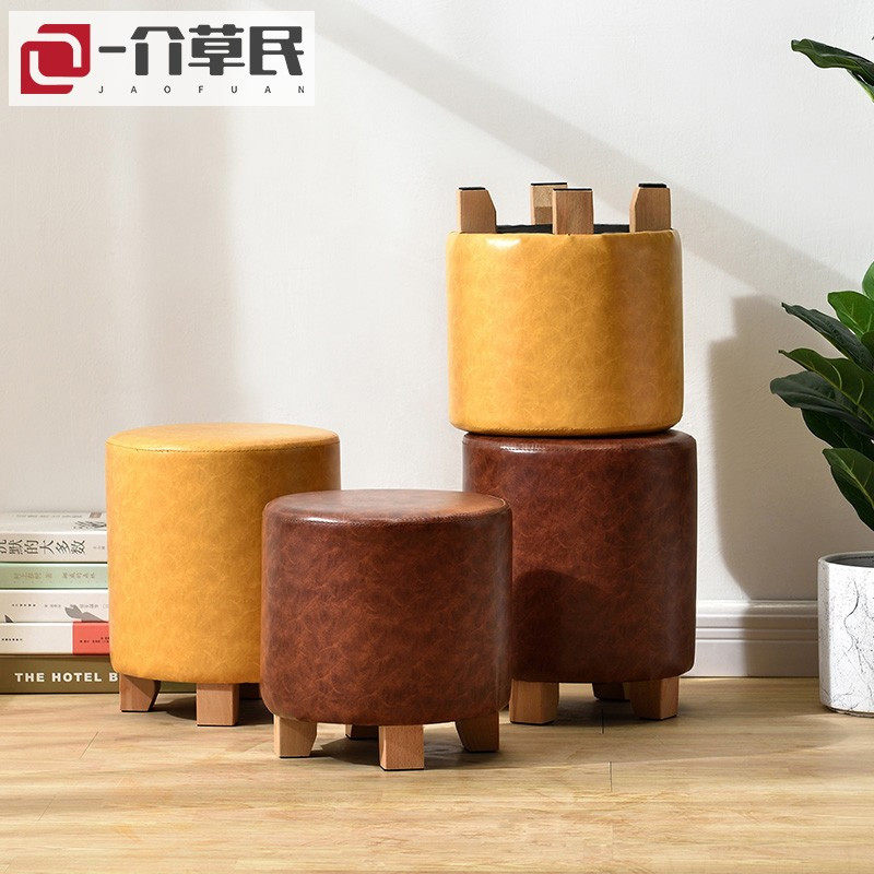 Solid wood leather stool sofa stool living room personality small stool low stool fashion dressing round stool creative shoe stool changing shoe stool