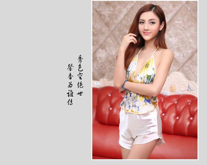 Yijia lụa lụa lụa ladies sexy hiệu suất cổ điển gió quốc gia silk satin in đồ ngủ bên trong tạp dề v-cổ