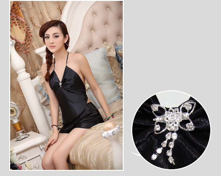 Yijia cổ điển thời trang dây đeo rhinestone sáng bóng đồ lót thêu đồ ngủ gợi cảm tạp dề phong cách Trung Quốc * V cổ sao sáng đồ ngủ đôi