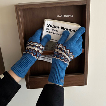 Fair isle style knitted gloves for women 2025 new winter warm and cold-proof touch screen split-finger woolen gloves fashionable