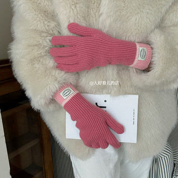Korean style contrasting color stitching, warm, fashionable and versatile five-finger gloves for winter cycling, cold-proof, touch-screen fingerless gloves for women