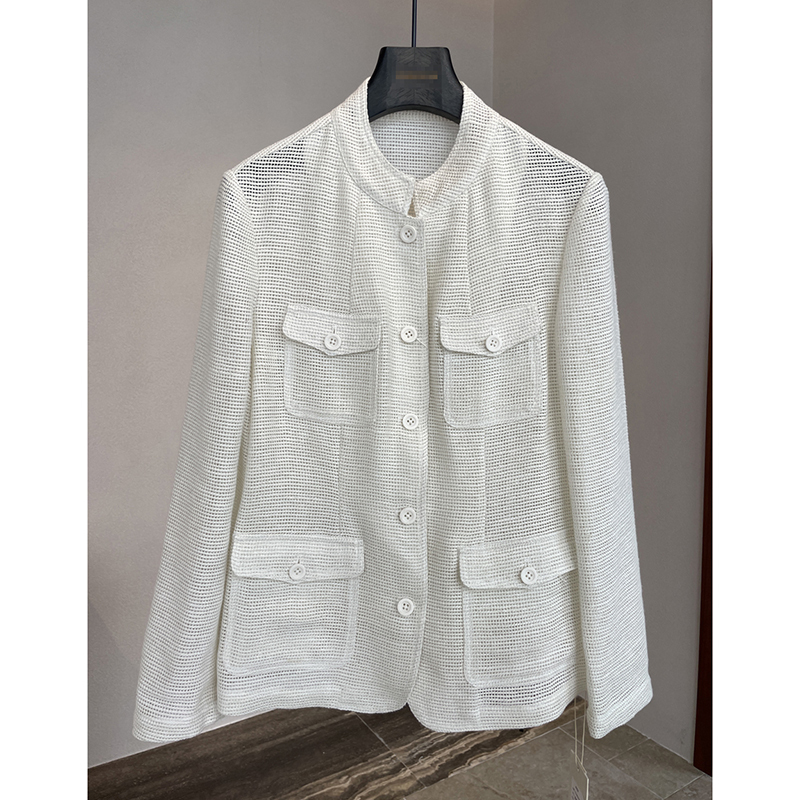 2026 Spring New Light Luxury Style Stand Collar Pocket Knitted Linen Blazer for Women Versatile Hollow Out Slimming Top