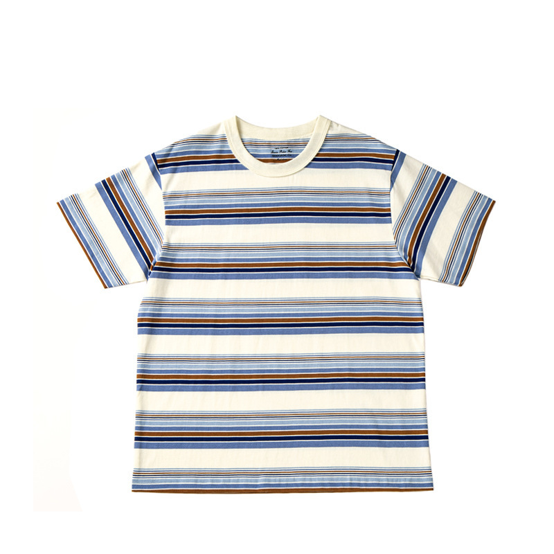 New Heavyweight Pure Cotton Knitted 50S American Retro Colorfulful Stripesd Short-Sleeved T-Shirts for Men and Women Summer Tops