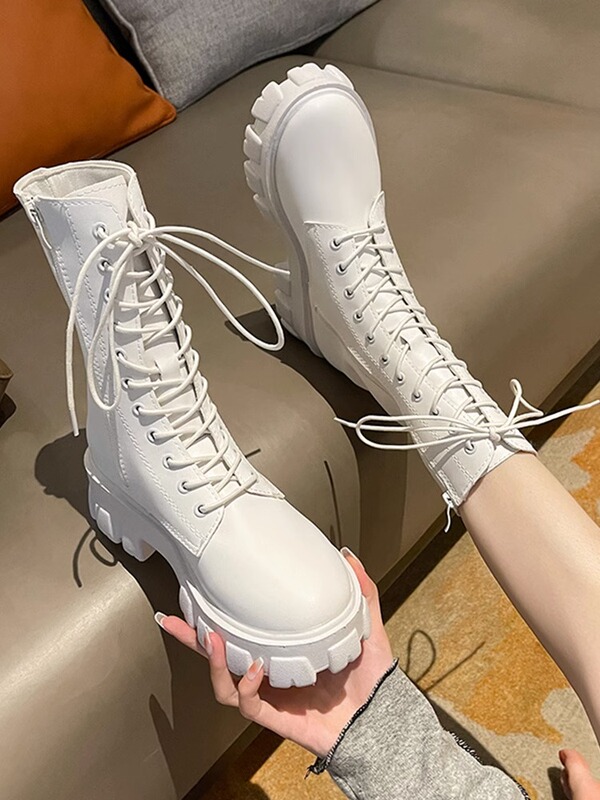 Martin Boots for Women 2026 Spring Thin Thick-Soled Height-Increasing Lace-Up Short Boots Versatile Retro Mid-Calf Biker Boots