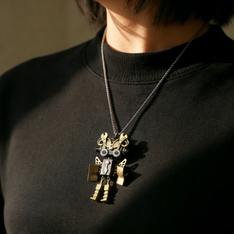 Punk Robot DIY Pendant Necklace Wooden Robot Keychain Creative Gift for Men and Women