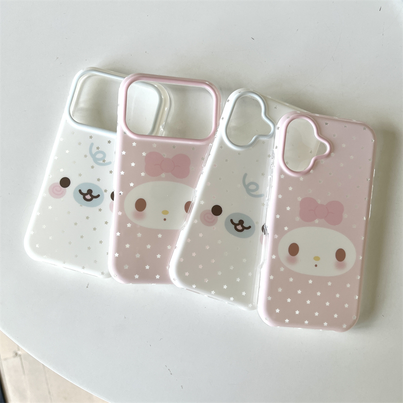 Korean Style ins Couple Models Cute and Soft Girly Cartoon Bean Sesame Seal Pink Rabbit 17Promax Suitable for Iphone16Pro Round Edge Double-Layer Hard Shell Apple 15Pro Mobile Phone Case