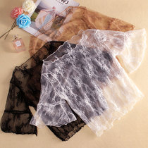 Inside the transparent base shirt womens short-sleeved see-through thin sexy lace tulle shawl mesh short top summer