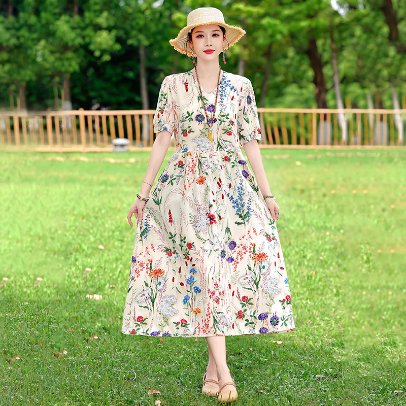 New Cotton Silk Dress, Loose-Fitting, Slimming in Summer, Short-Sleeved, Mid-Length, Plus-Size, Floral Print, Belly-Covering Dress for Mothers