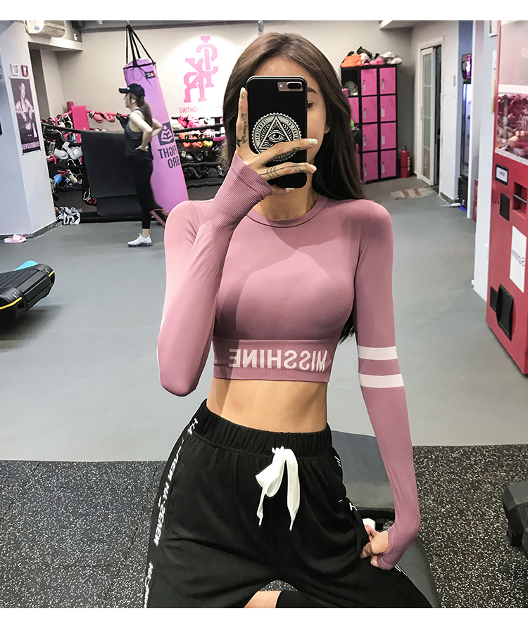 Sports Long Sleeve T-shirts Women Quick-drying Running Seamless Printed Letters Crop Top Gymnastics Training Short Yoga Clothing