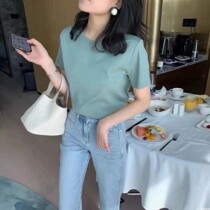 Real Silk Short Sleeve Lady Han Version Sashimi Silk Ice Silk Light Cotton Round Collar T-shirt Summer Ins Compassionate Pure Color Blouse