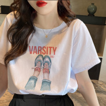 Short Sleeve Women Summer 2022 New Foreign Air Printed T-Shirt Han Edition Loose 100 Lap Pure Cotton Half Sleeve Compassionate Blouse