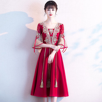 Bride toast 2021 new wine red little man pregnant woman wedding engagement dress evening dress women winter