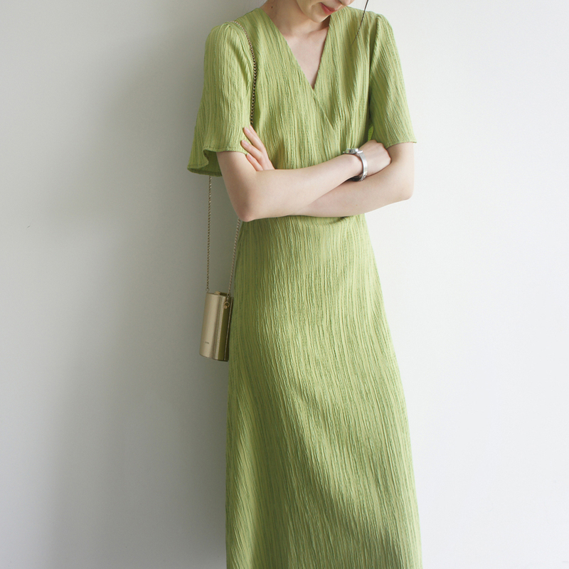 Lost and Found Grass Green Vertical Striped V-Neck Cross Short-Sleeve Over-The-Knee High-Waisted Tie Dress A-Line Slimming