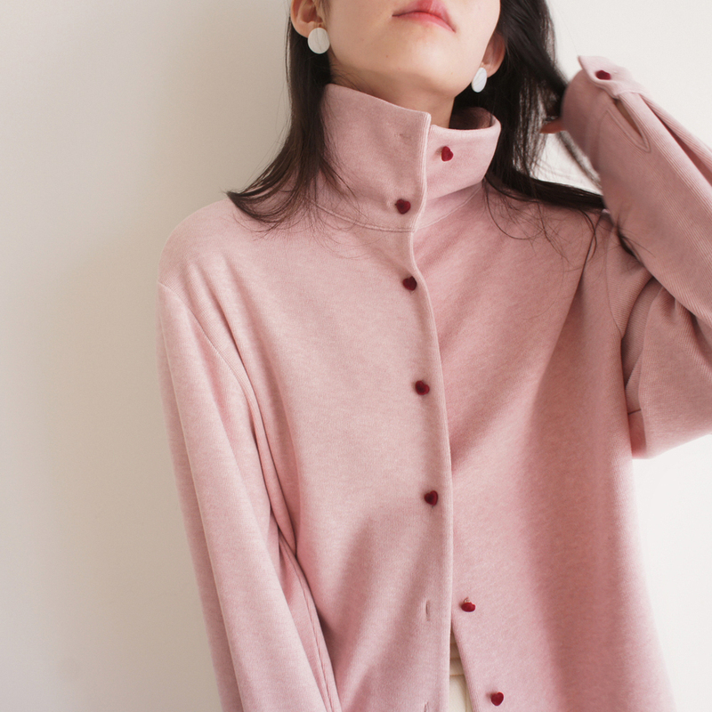 Lost and Found Little Pink Heart Velvet Button Playful High Neck Ruched Collar Winter Thickened Long Sleeve Shirt