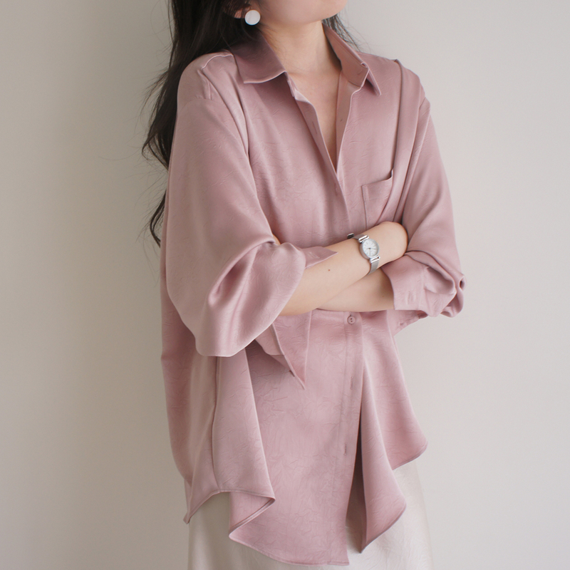 Lost and Found Leather Powder Wrinkled Matte Satin Asymmetrical Design Boyfriend Style Long-Sleeved Shirt with a Gentle Touch