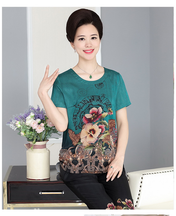 Phụ nữ trung niên của mùa hè phù hợp với mẹ của mùa hè lỏng ngắn tay T-Shirt + quần rộng chân người đàn ông già kích thước lớn hai mảnh đầm cho người trung niên u40
