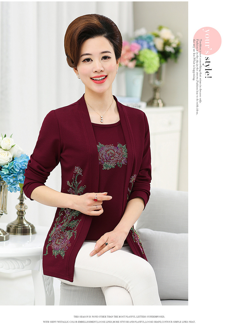 Phụ nữ trung niên mùa xuân và mùa thu tay dài hai mảnh giả trung niên 40 áo mẹ 50 tuổi tải áo mỏng mùa thu vest nữ trung niên