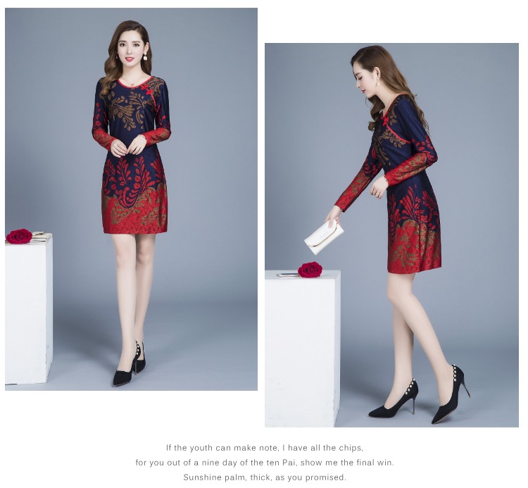 Váy mùa thu cho mẹ 40-50 tuổi Váy sườn xám cho phụ nữ trung niên mùa xuân và áo dài tay mùa thu áo kiểu nữ trung niên