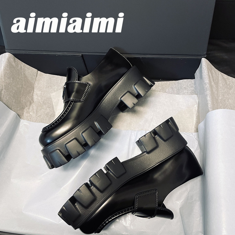[Aimi] Thick-Soled Height-Increasing Loafers for Women, Platform Shoes, British Style Tire-Soled Leather Shoes, Slip-On Serrated Single Shoes
