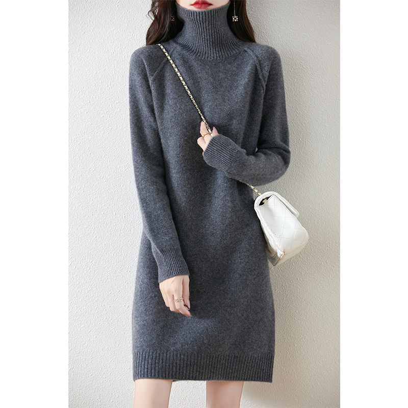 100%ウールセーターレディース秋冬韓国版ハイカラーニットワンピースミドル丈厚手セーターレディースゆったりボトムシャツ