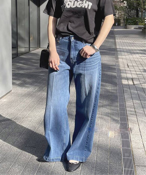 Spick american retro wash, thicker, ແອວສູງ, neat ແລະກ້ຽງ, denim pants ຂາກ້ວາງ