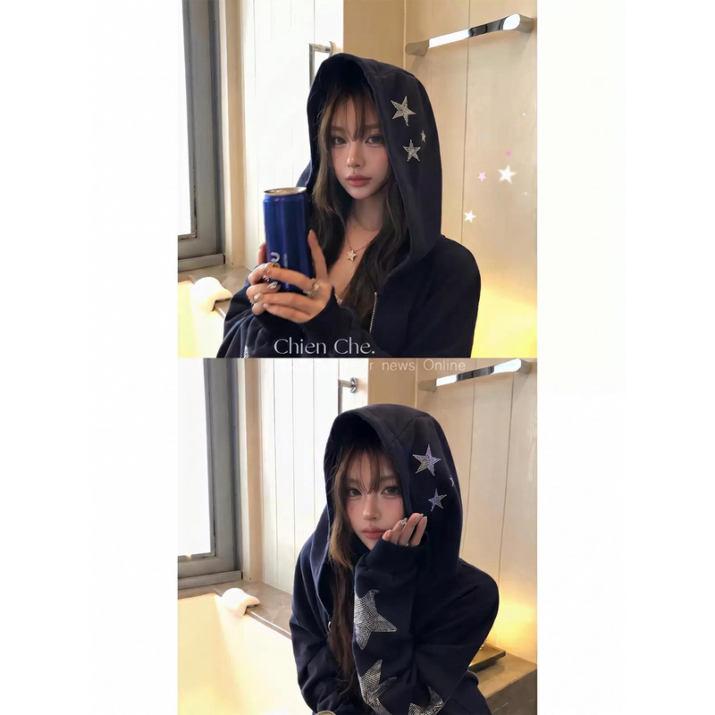 Chien, the Melancholic Blue American-Style Hooded Sweatshirt, Early Autumn Retro Star-Studded Zipper Jacket for Women Chien, the Melancholic Blue American-Style Hooded Sweatshirt, Early Autumn Retro Star-Studded Zipper Jacket for Women