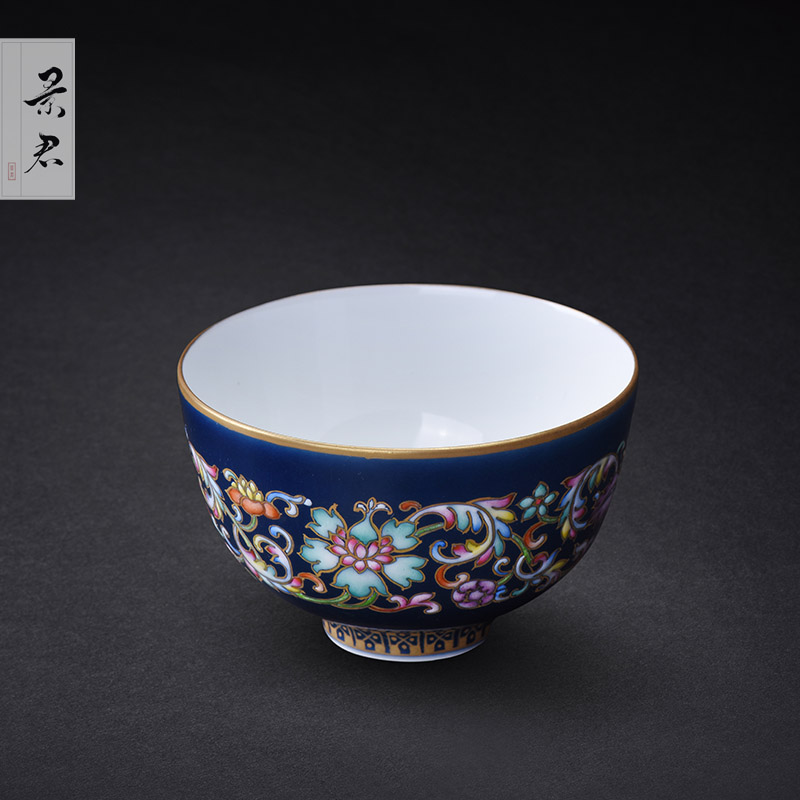 Jingdezhen ceramics ji blue glaze hand - made colored enamel paint branch flowers kung fu tea cup masters cup