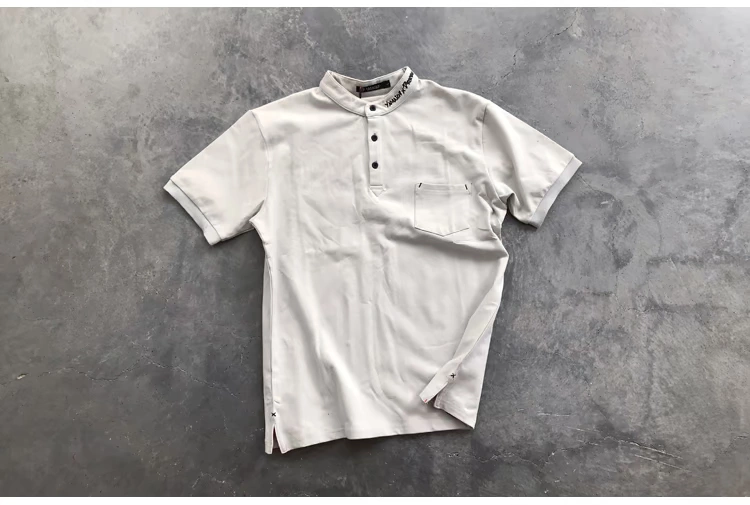 Xu hướng mùa hè Nhật Bản thêu chữ retro màu rắn cổ áo giản dị áo sơ mi POLO nam ngắn tay áo thun nam