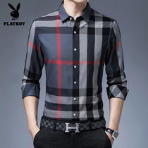 Flower Playboy Upscale Mens Shirt Short Sleeve Summer Middle-aged Business Casual Plaid Long Sleeve Shirt Dad Dress Thin