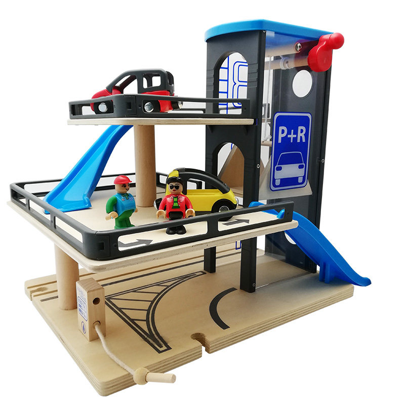 American Emulation Large Wooden Children Swivel Parking Lot Toy Solid Multilayer Sedan Model Assembly Track