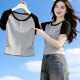 ເສື້ອທີເຊີດແຂນສັ້ນ raglan sleeve sleeve Korean style contrasting color for women 2026 summer new style slim fit button chic simple top