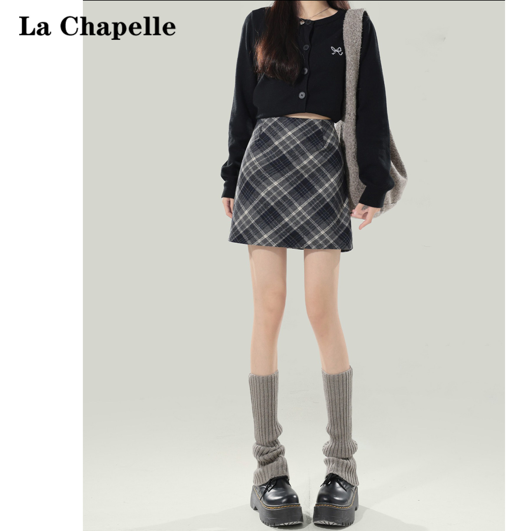 La Chapelle, серая клетчатая юбка, женская зимняя коллекция 2025 года, новинка, высокая талия, облегающая трапециевидная юбка-мешок на бедрах