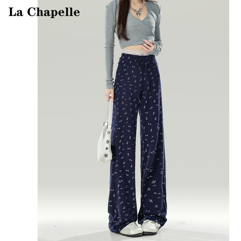 La Chapelle Navy Blue Lace Waist Patchwork Casual Pants for Women 2026 New Winter Floral High-Waisted Floor-Length Straight Pants