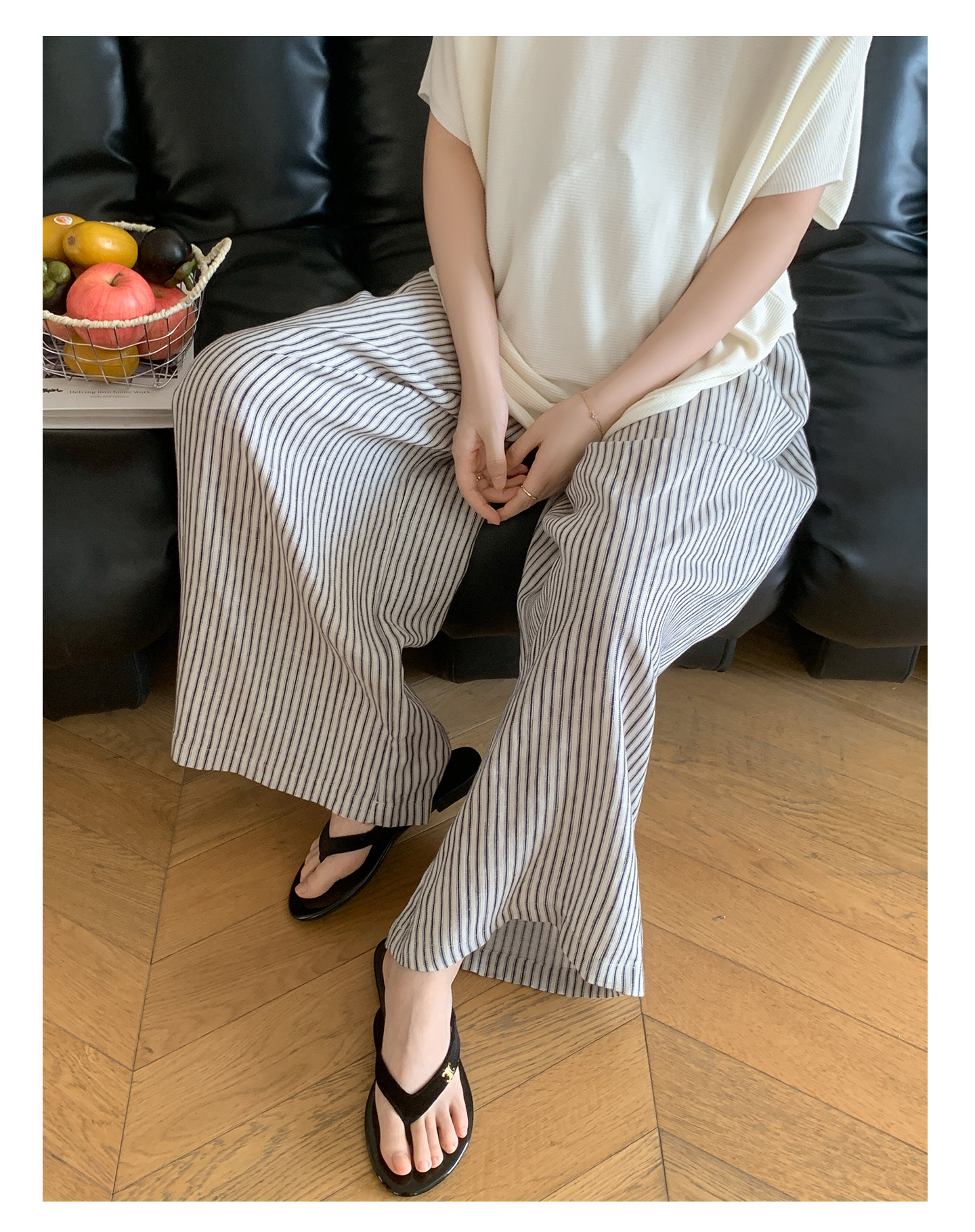 Zma Vertical Stripe Linen ● Maternity Pants Summer Thin Style 2026 Summer Collection Relaxed Loose Wide-Leg Pants Pregnancy Long Pants — 38
