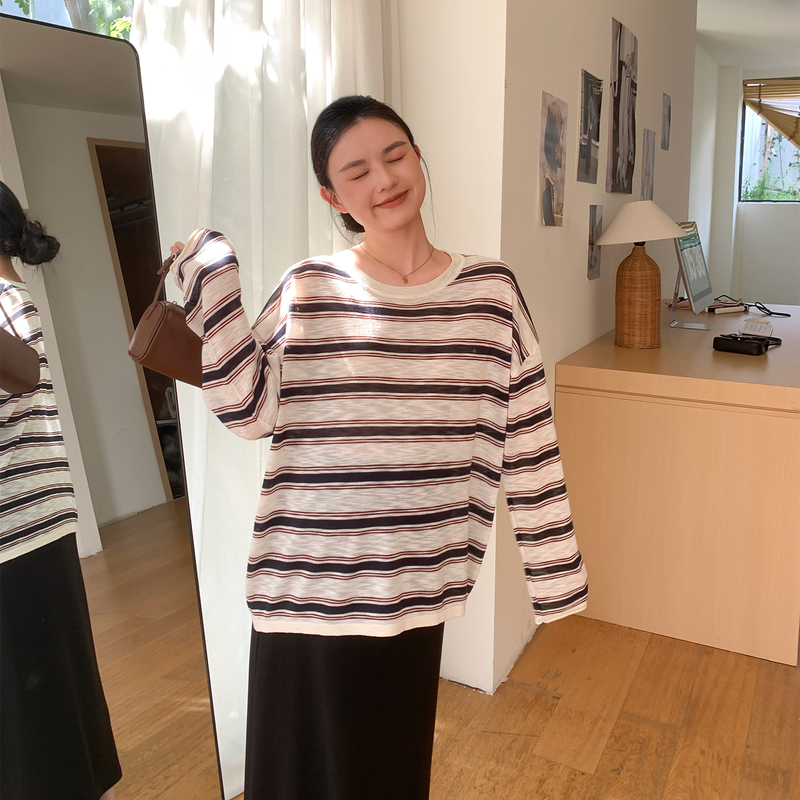 Zma Relaxed Style Outfit ● Maternity Wear Set 2026 New Early Autumn Color-Blocked Striped Blouse and Pregnancy Skirt